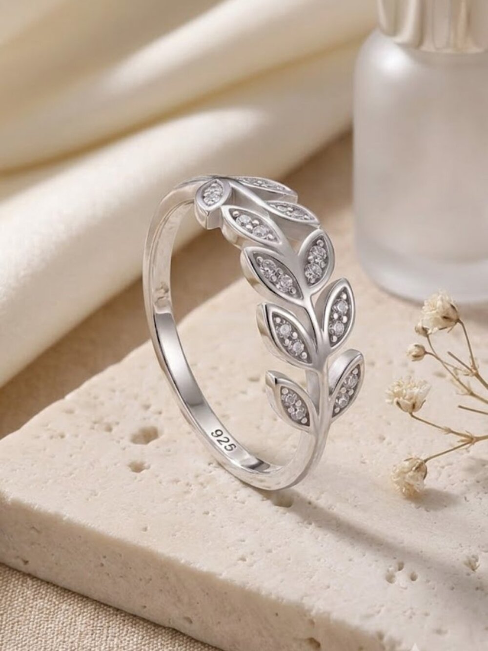925 Sterling Silver Cubic Zirconia Leaf Branch Ring Size 7 Nature Boho Minimal